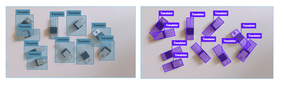 Axis-aligned object detection vs. rotated object detection to identify transistors. As seen from the image above, overlapping bounding boxes can be easily reduced with rotated object detection for such scenarios.