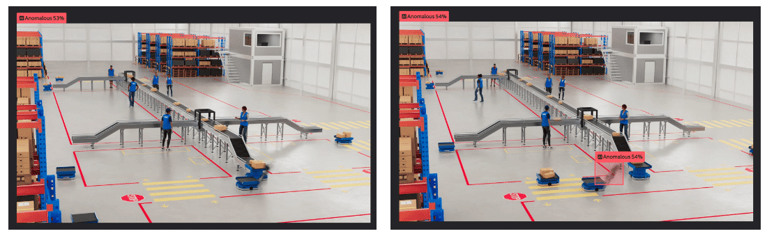 Figure 6. Anomaly classification assigning label to entire image (left), vs. Anomaly detection that also localizes anomaly (smoke in the right image) with a bounding box.