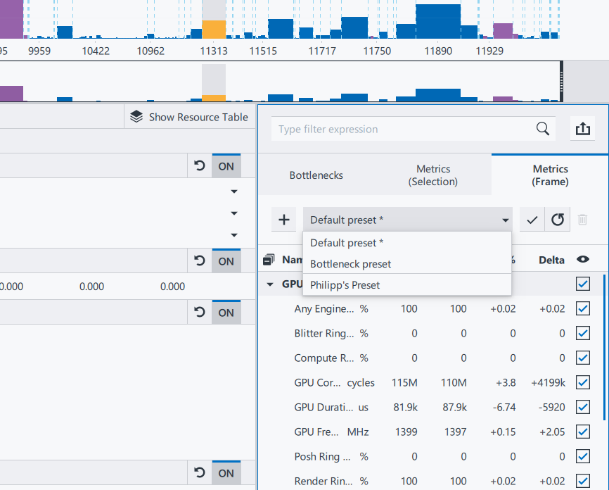 user's metrics preset