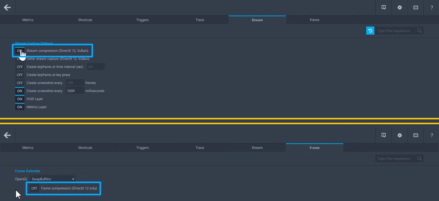 select stream compression or frame compression