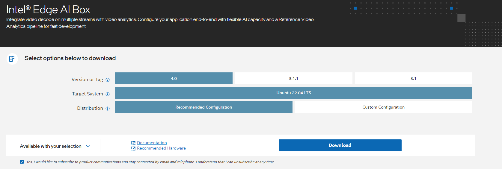 A screenshot showing the available configuration and download options.