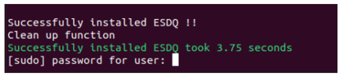A screenshot showing the prompt for password at the end of ESDQ installation