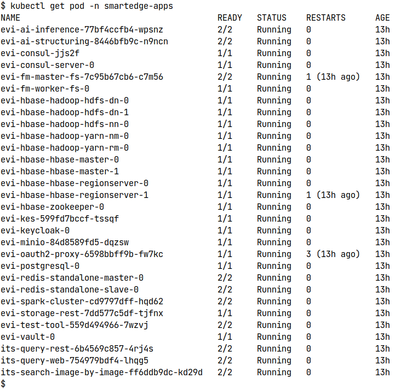 A console window showing system output after running the "kubectl get pods" command.