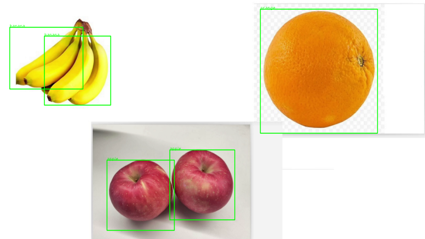 An image of the demo running: there is bunch of bananas, an orange, and two apples with bounding boxes surrounding them.