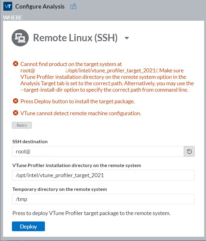 Intel VTune Profiler Remote Linux SSH configuration