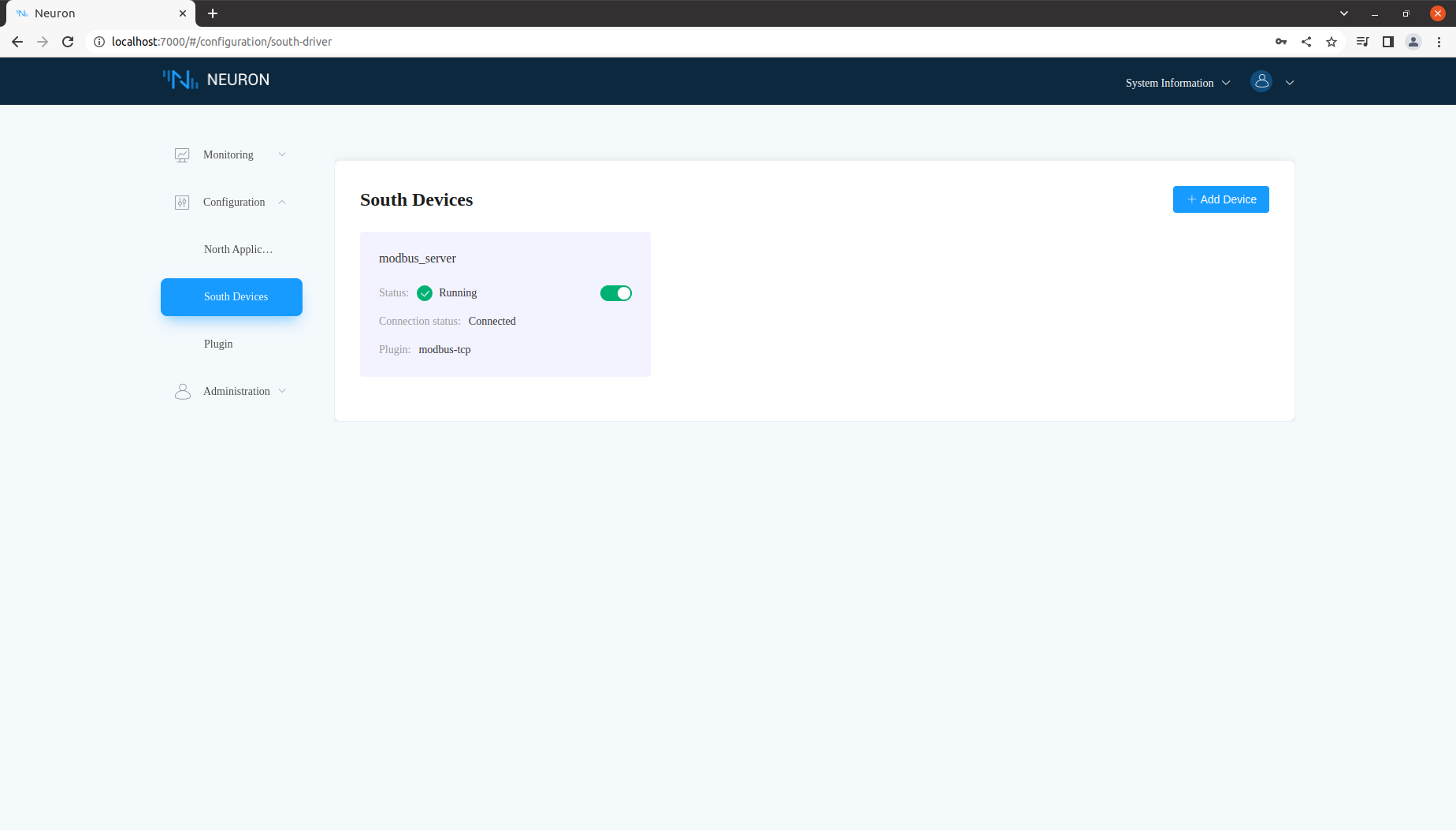 Browser window showing connection status of South Devices.