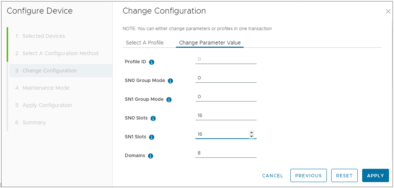 configurations in the change configuration window