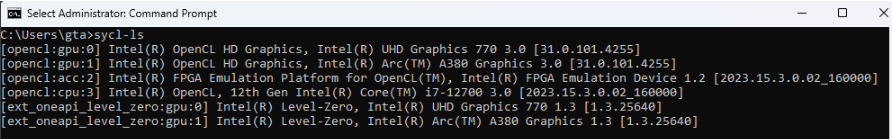 An example of the console output after running the sycl-ls    command in the command prompt of the target.