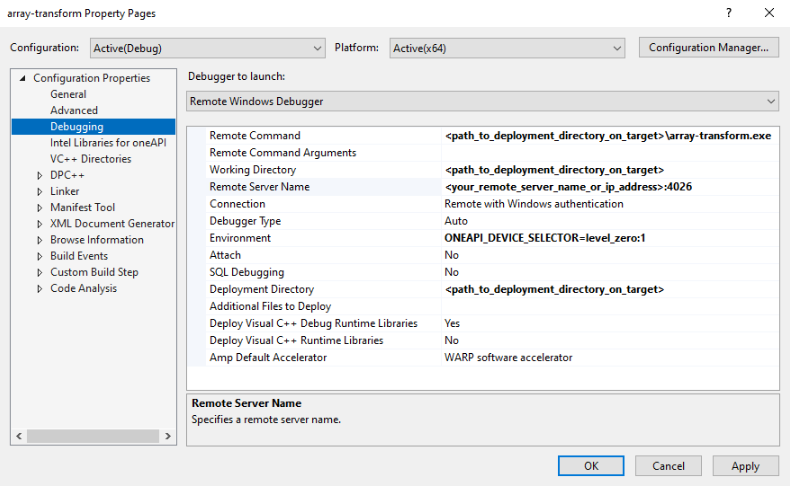 A screenshot of Microsoft Visual Studio, array-transform    Property Pages. The Configuration dropdown shows Active (Debug).    Under Configuration Properties, Debugging is selected and the    settings for Remote Windows Debugger are shown.