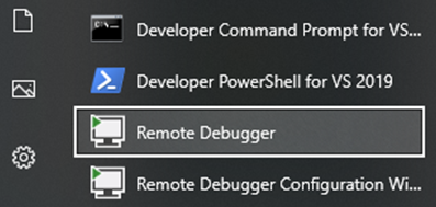 A screenshot of Windows Start menu, Remote Debugger app    selected.