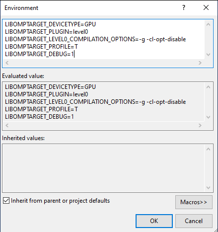 A screenshot of environment variables for an OpenMP project.