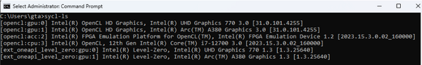 An example of the console output after running the sycl-ls    command in the command prompt of the target.