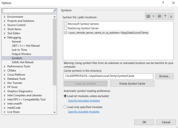 A screenshot of Microsoft Visual Studio; an example of Symbols    information viewed by navigating to: Tools > Options > Debugging >    Symbols.