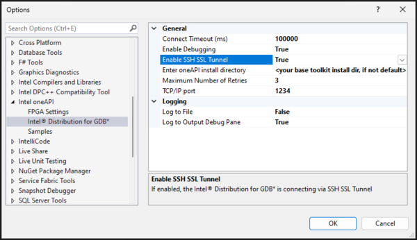 A screenshot of Microsoft Visual Studio Options dialog. General   options shown after navigating to Intel oneAPI > Intel® Distribution    for GDB*.