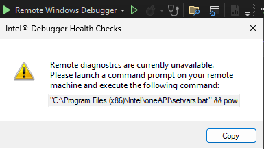 A screenshot of the Intel® GDB Debugger Health Check tool when performing remote debugging.