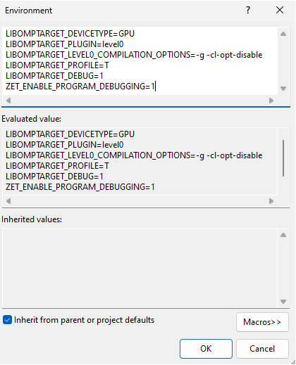 A screenshot of environment variables for an OpenMP project.