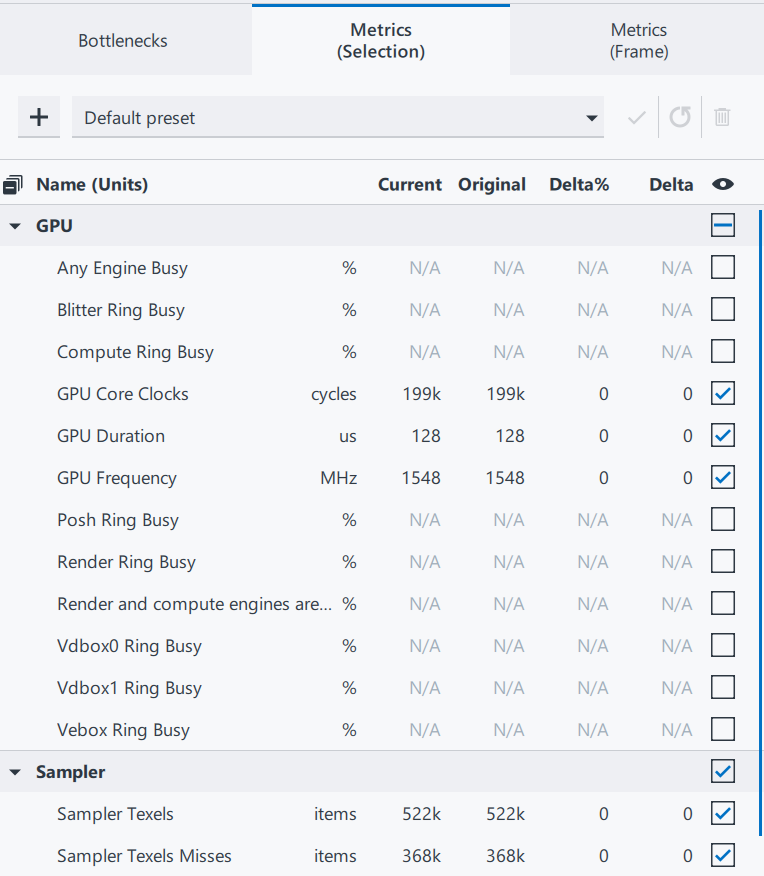 Metrics Pane Tabs