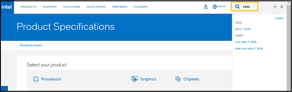 Enter the Intel processor number in the Search