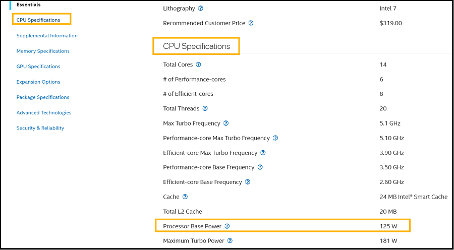 Click on CPU Specifications to view Processor Base Power