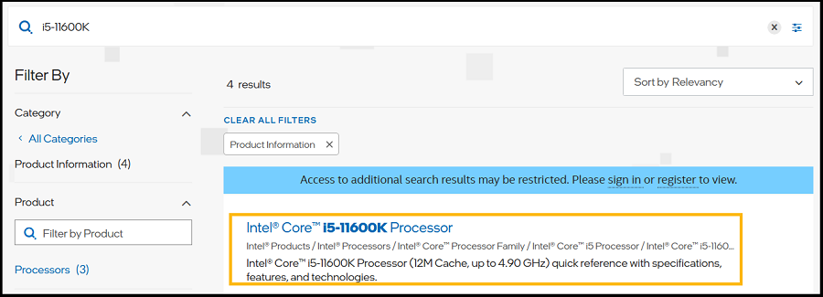 Click the processor link from the search results page