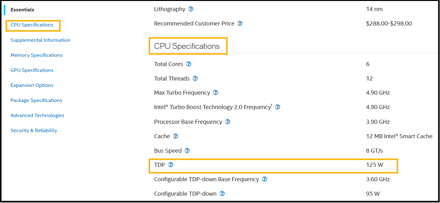 Click on CPU Specifications to view TDP