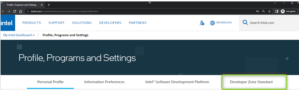 Developer Zone Standard selected