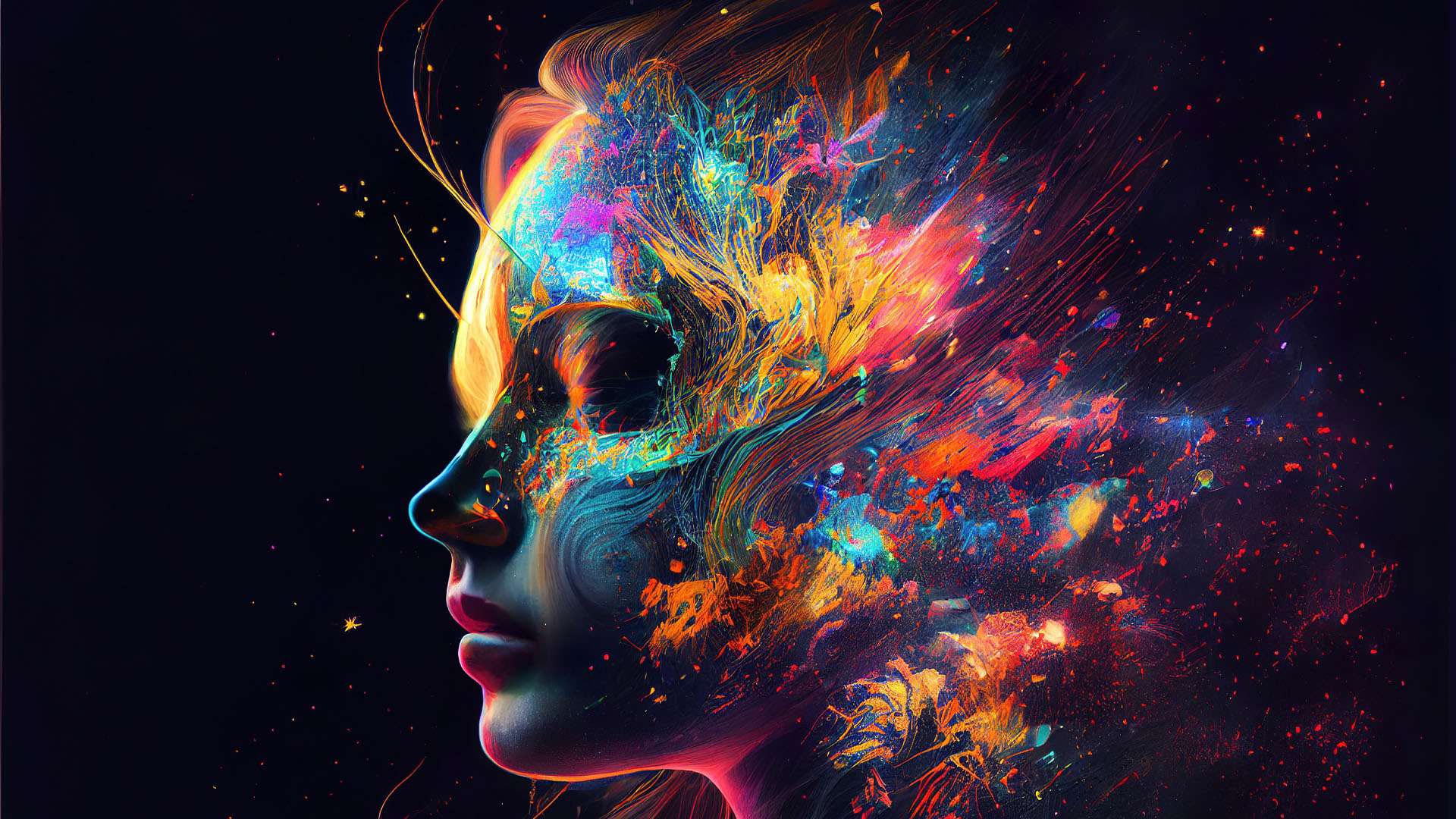 AI generated image of a woman’s head containing colorful abstract art