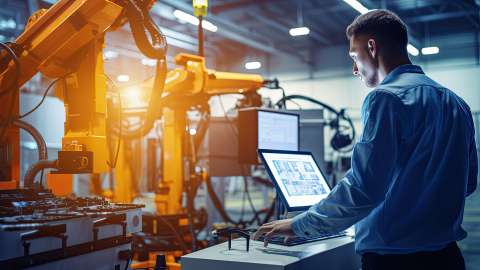 A machine operator stands in front of an assembly machine that has two yellow robotic arms and uses a mouse to interact with information shown on a display monitor.