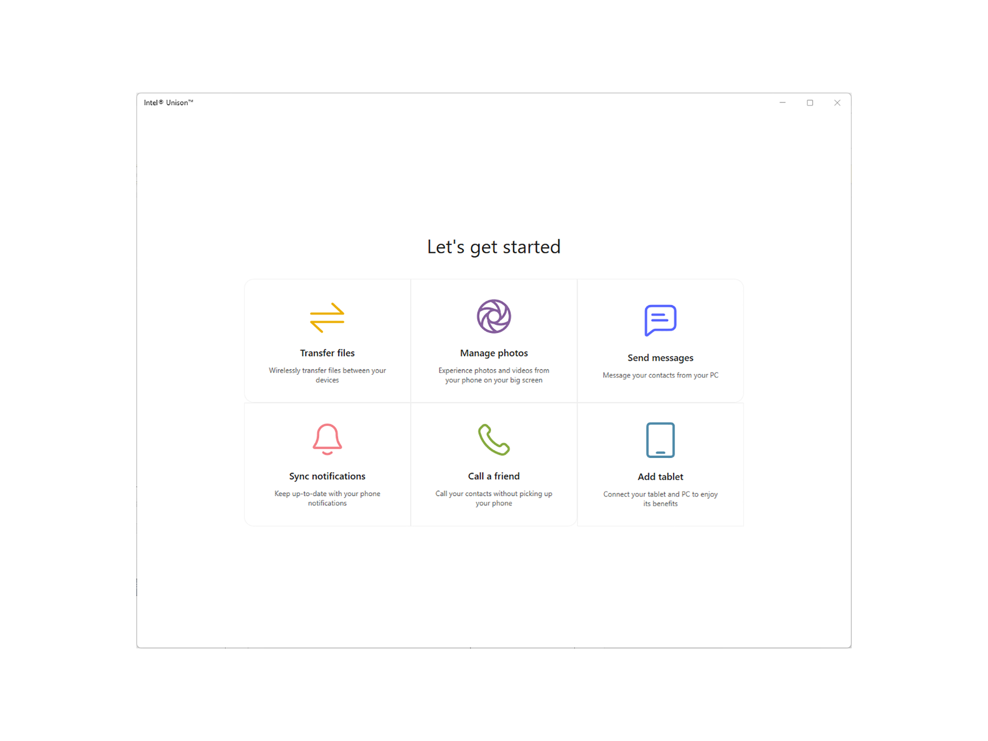 The Let’s get started window showing six menu options for transfer files, manage photos, send messages, sync notifications, call a friend, and add tablet.