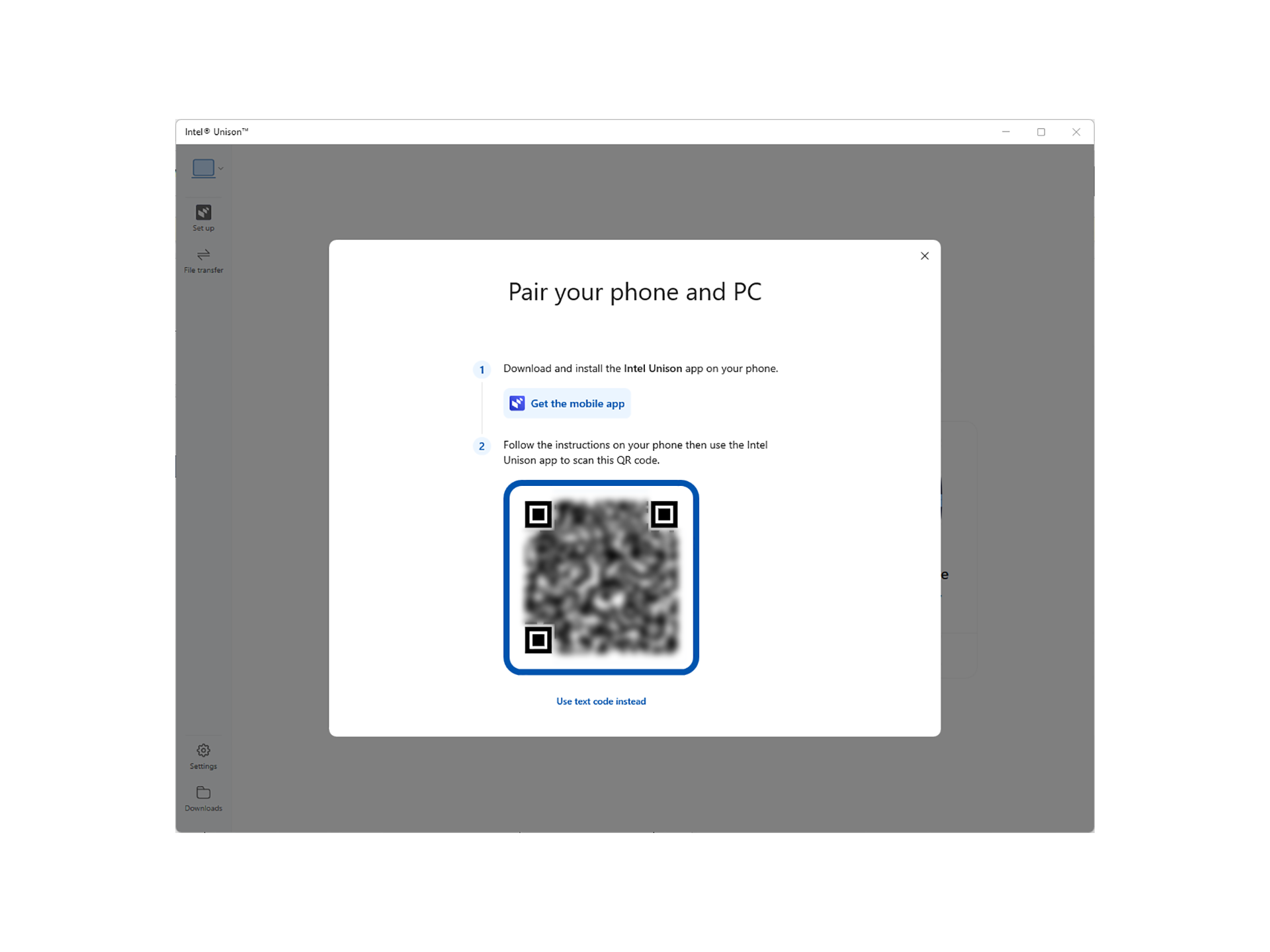 A screenshot of the Pair your phone and PC window on a PC showing the QR code