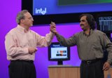 Intel's Justin Rattner, cq, senior fellow, director, corporate technology group, left, and Soumyanath Kaishnamurthy, cq, head of Intel's communications circuits labs, discuss silican radio and CMOS during the Technology and Research keynote at the Intel Developer Forum Fall 2005 at Moscone West on Thursday, August 25, 2005 in San Francisco, Calif. (Intel Press Relations)